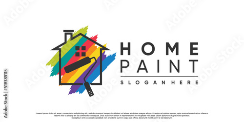 Paint and house logo design with brush element and rainbow color Premium Vector