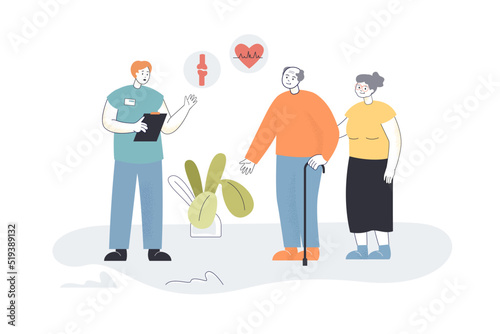Medical checkup in hospital for old patients. Male doctor counseling senior man and woman flat vector illustration. Geriatric healthcare concept for banner, website design or landing web page photo