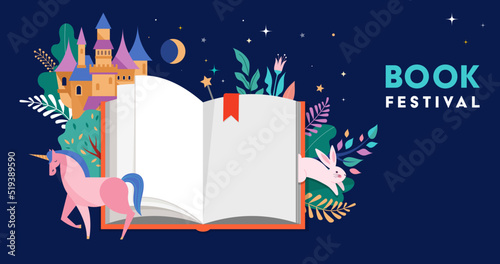 Book festival concept design. Open huge book with magic forest, castel, unicorn and flowers. Fantasy and Imagination concept design. Vector illustration, poster and banner 