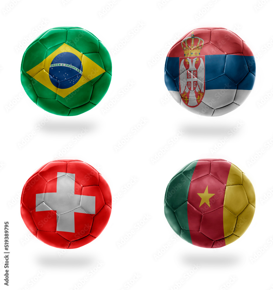 group . realistic football balls with national flags of brazil, serbia,switzerland,cameroon,,soccer teams.