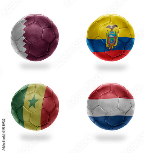 group A. realistic football balls with national flags of qatar, ecuador, senegal, netherlands, ,soccer teams.