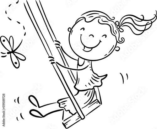Line drawing of a happy cartoon girl on a swing. Vector doodle cartoon illustration stock clipart