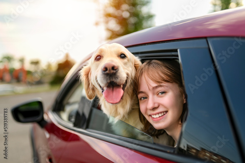 happy child girl and dog Golden Retriever looking out the open car window