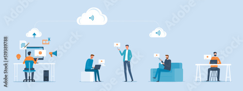Flat vector business video marketing content online concept and people create video and upload on cloud server concept