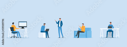 flat vector design smart working concept people working online form anywhere with technology connection 