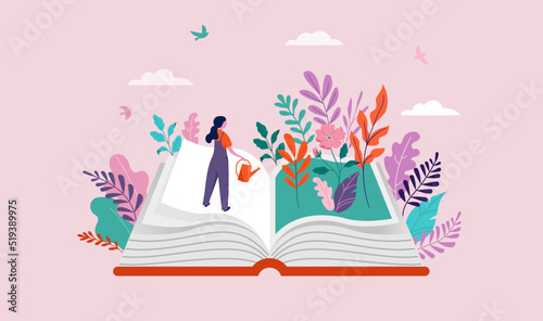 Book festival concept of the woman watering garden and reading an open huge book. Back to school, library concept design. Vector illustration, poster and banner