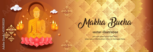 Banner big buddha sitting on pink lotus with Thai pattern religion on yellow vector background - Magha puja day, Vesak day banner, important Buddhism days Thailand culture