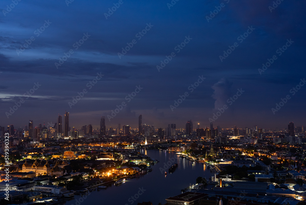 Cityscape of Bangkok at sunrise with View of Grand Palace and Chao Phraya River From Above with View of Grand Palace and Chao Phraya River From Above