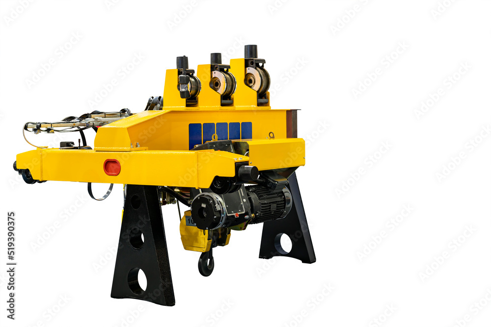 Electric over head crane hoist with trolley frame drive wheel unit for lifting and transfer object and reduce work load on stand isolated on white background with clipping path