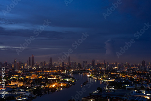 Cityscape of Bangkok at sunrise with View of Grand Palace and Chao Phraya River From Above with View of Grand Palace and Chao Phraya River From Above