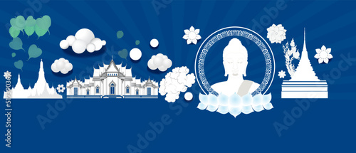 Banner buddha sitting religion on blue vector background - Magha puja day, Vesak day banner, important Buddhism days Thailand culture