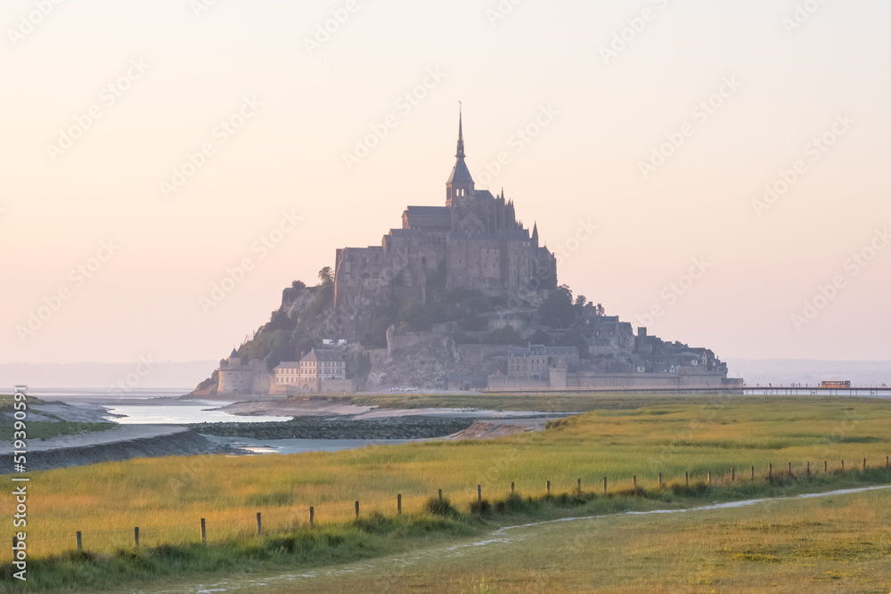 View of the Mont-Saint-Michel Abbey at sunset, Normandy, France