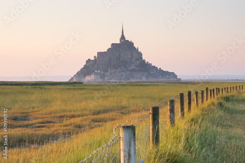 View of the Mont-Saint-Michel Abbey at sunset  Normandy  France