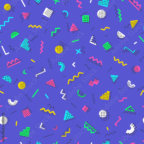 Geometric memphis seamless pattern styles on lilac background. Trendy memphis style. Colorful geometric seamless pattern different shapes color style. Hipster memphis style. Vector Illustration