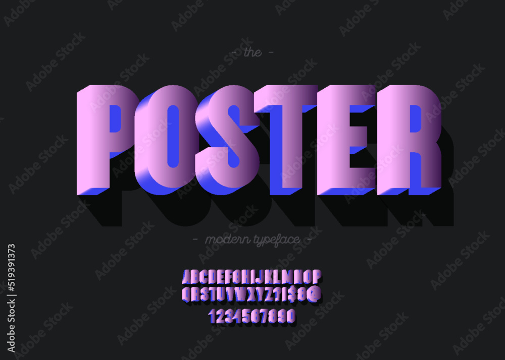 Vector poster alphabet 3d bold style trendy typography for decoration, logo, poster, t shirt, card, sale banner, printing on fabric, industrial. Cool typeface. Modern font. 10 eps