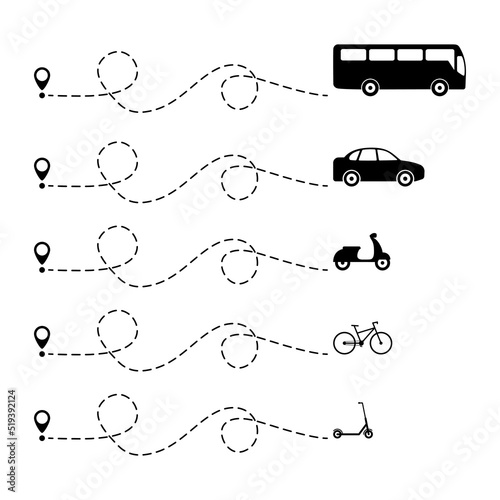 Transport with line start point set. Bus, car, moped, bike and scooter driving on dotted route with map pin. Vector isolated on white.