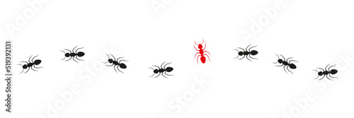 Ant colony trail. One ant changing direction. Think differently concept. Vector isolated on white.
