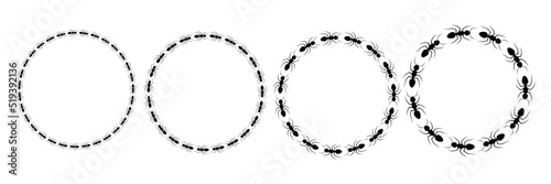 Ant circular frame trail set. Worker ants colony line route teamwork. Vector isolated on white.