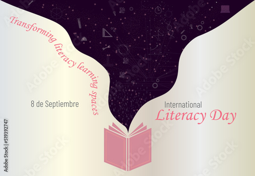 International Literacy Day.open to knowledge book with icons from different fields.