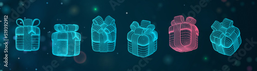 Wireframe 3d gift boxes set on abstract futuristic blue background with blue dots. Futuristic surprise boxes collection. Win prizes cyber wire frame design elements