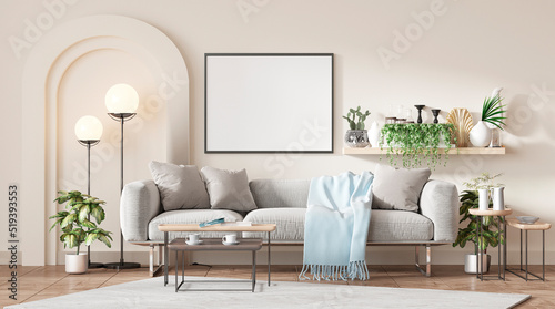 mock up poster frame in modern interior background  living room  Mixed style  3D render  3D illustration