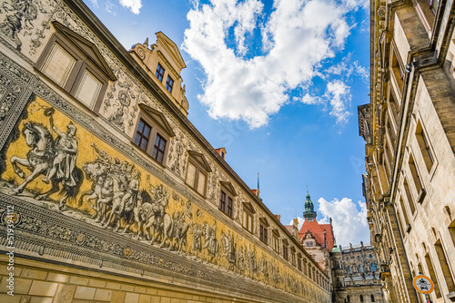 The Fürstenzug (Procession of Princes) Porcelain tiles in Dresden Germany. It is a large mosaic of a mounted procession of the rulers of Saxony. photo