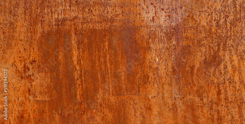 Panoramic rusty and oxidized metal sheet, old copper texture background