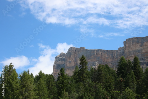 Rock formation with trees in foreground and a cloudy sky