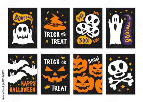 Happy halloween cards set color style with skull, pumpkin, bat, ghost, candy for decoration holiday party, poster, greeting card. Vector Illustration