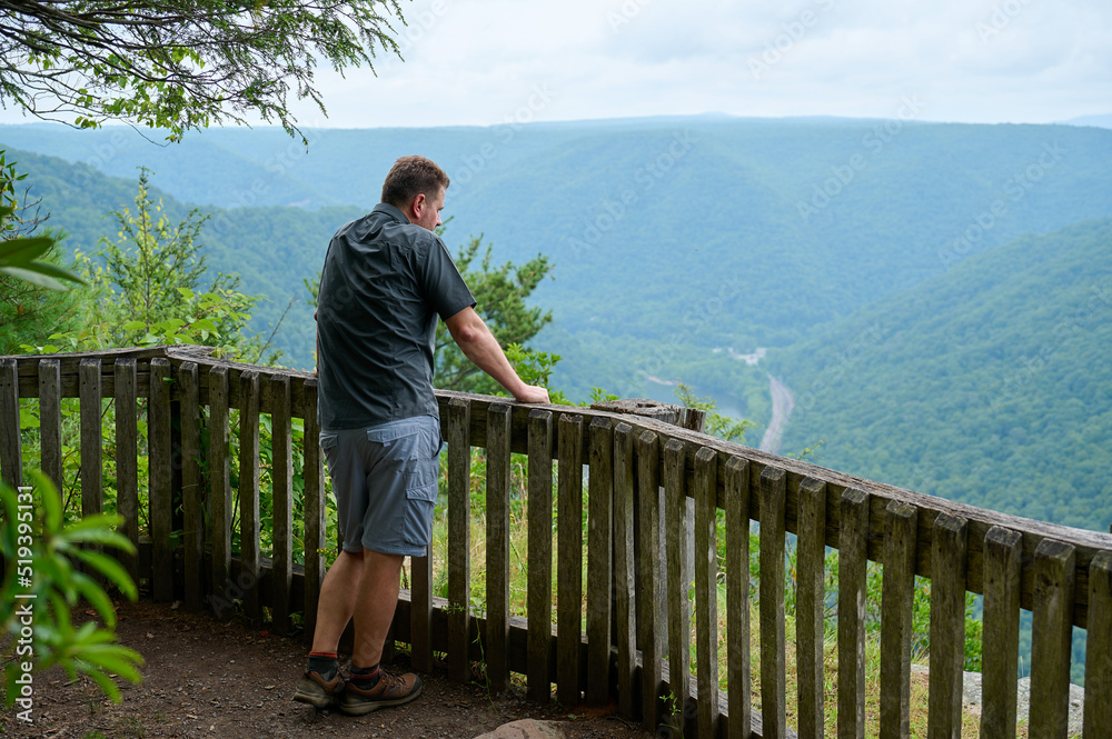 a man is looking thoughtfully into the distance from a wooden bridge down into the forested valley a man is looking thoughtfully into the distance from a wooden bridge down into the forested valley