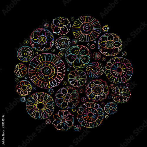 Fairy floral mandala background. Magic garden art. Circle Frame for your design