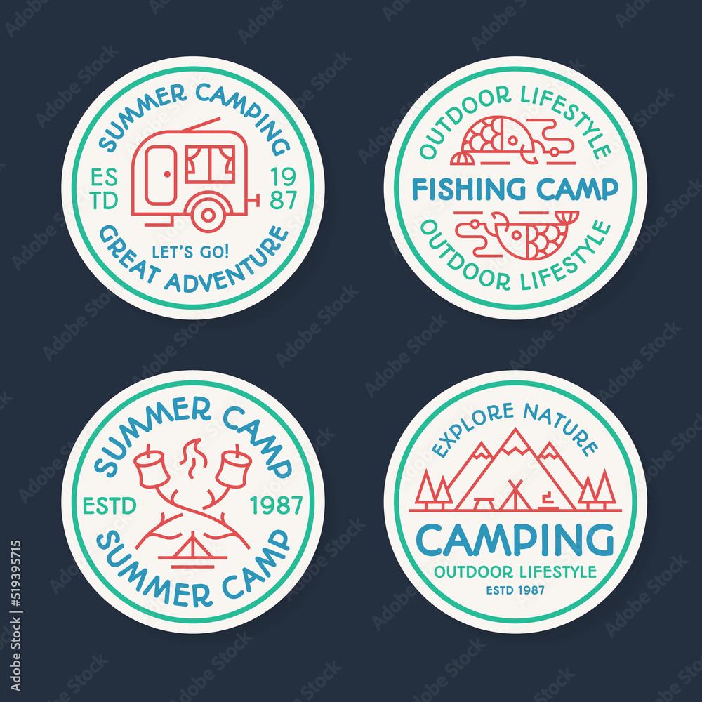 Obraz premium Camping logo set color line style consisting of tent, fish, fire, camper, mountains, trees for tourist symbol, explore emblem, travel badge, expedition label, t shirt print, poster, banner, kids camp