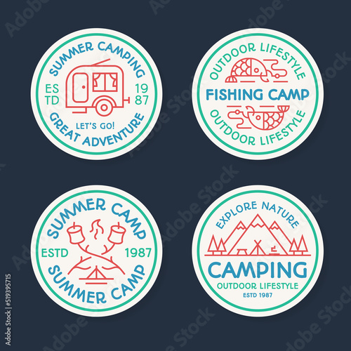 Camping logo set color line style consisting of tent, fish, fire, camper, mountains, trees for tourist symbol, explore emblem, travel badge, expedition label, t shirt print, poster, banner, kids camp