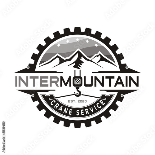 Emblem crane service logo concept premium quality vector design with mountains, hook icon, gear design icon, construction logo