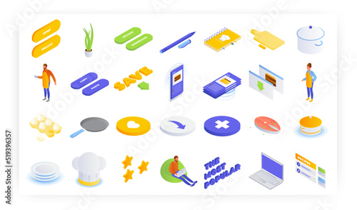 Online recipes and cooking books, vector isometric icon set. The most popular and saved food recipes.