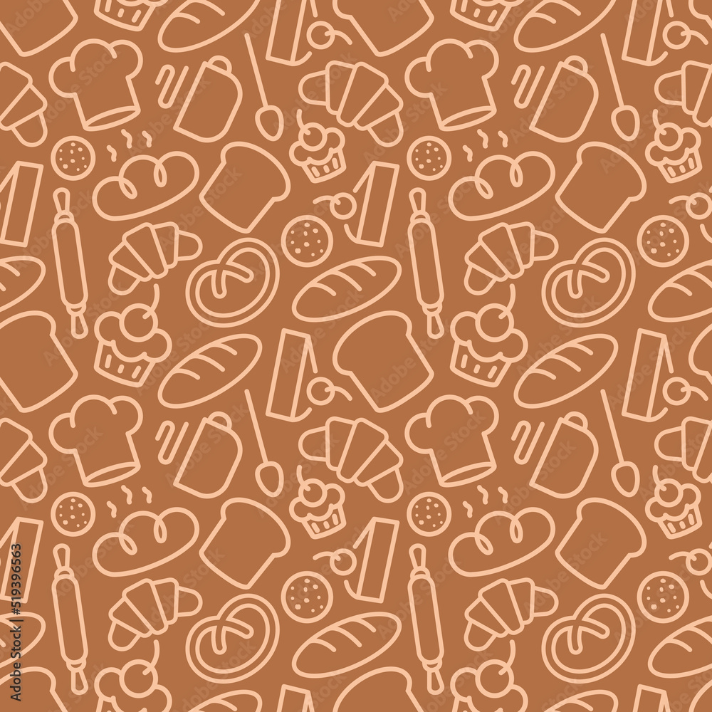 Bakery seamless pattern consisting of food and baking accessories line style for use decoration identity food market, cafe, bread house, cupcake firm, coffee shop, loaf store. Vector Illustration Bakery seamless pattern consisting of food and baking accessories line style for use decoration identity food market, cafe, bread house, cupcake firm, coffee shop, loaf store. Vector Illustration