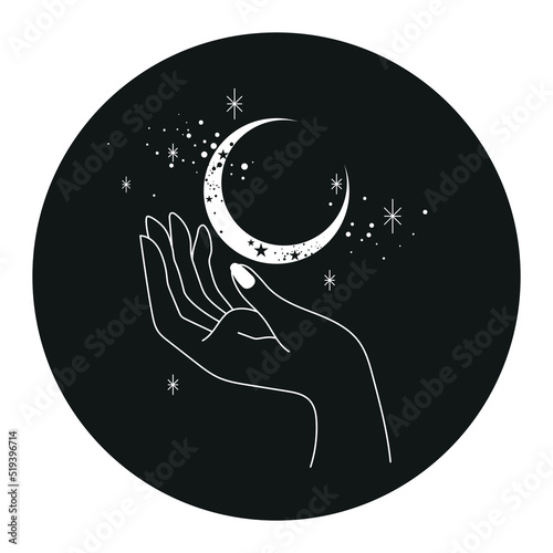 hand holding a moon in galaxy illustration - spiritual and mystical design - esoteric symbols