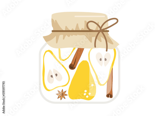 Pickled Pear in glass jar hand drawn doodle sketch isolated. Jar preserved fruits. Flat vector Food template for menu, sticker, logo, diet concept, farmers market. Farm fruits for diet
