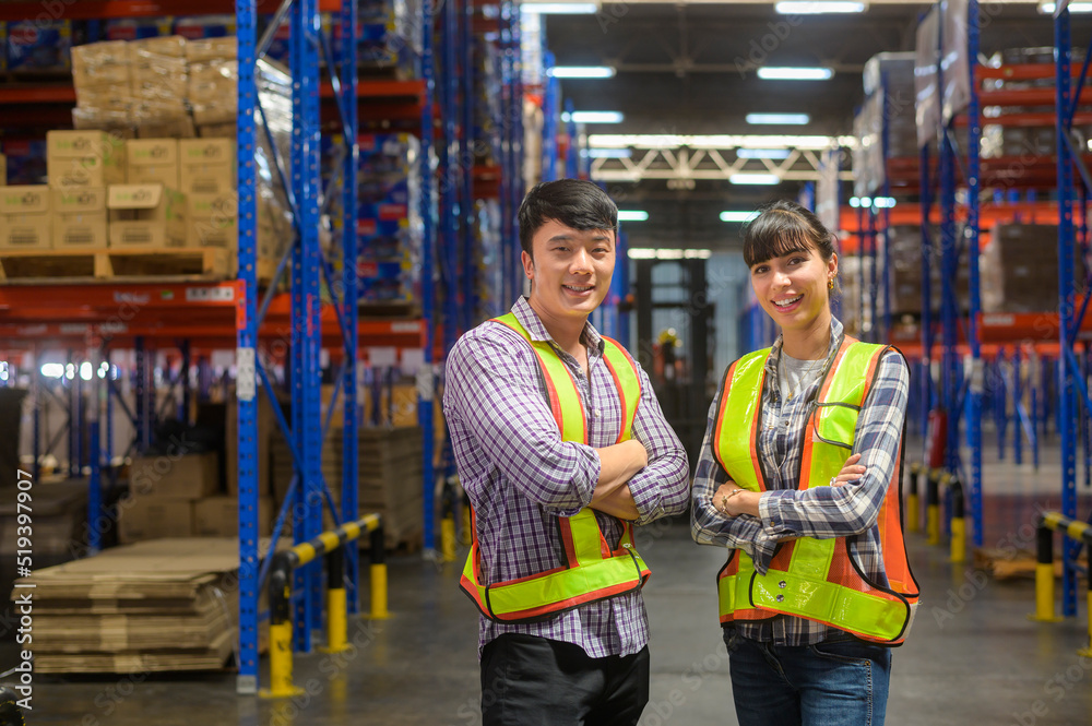 Portrait of factory workers in modern warehouse storage of retail shop Portrait of factory workers in modern warehouse storage of retail shop