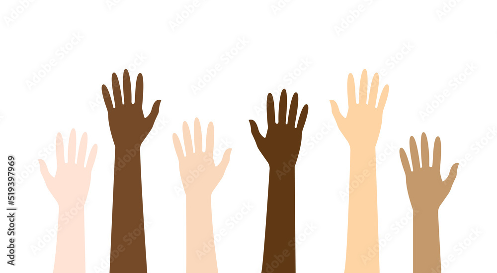 Multi-ethnic and Diverse Hands Raised Up Isolated on White Background. Vector Illustration