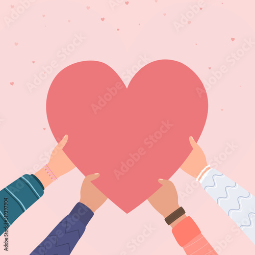 Hands holding hearts symbol for donation concept, Concept of charity and donation, Several people hold big heart synbol on their hands, People take care love, Give and share your love to people, coope