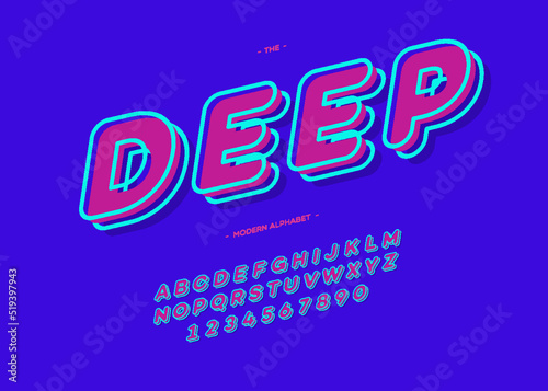 Vector deep font 3d bold typography colorful style for poster, decoration, promotion, book, t shirt, sale banner, printing on fabric. Cool modern alphabet. Trendy typeface. 10 eps