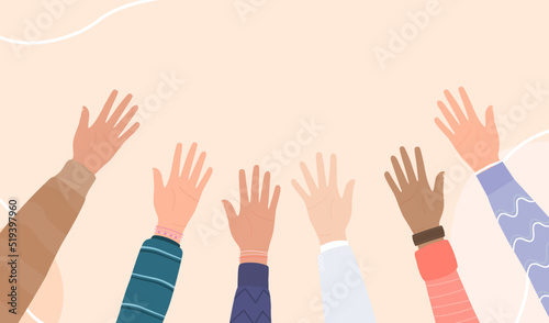 Social diversity concept, Hands up of different types of skins design, Teamwork, collaboration, voting concert, People raising hands in the air, Hands Diverse Diversity Ethnic Ethnicity Variation, Int
