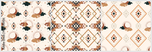 Set of ethnic astrology tribal seamless pattern. Boho geometric style. Ethnic design wallpaper, fabric, cover, textile, rug.