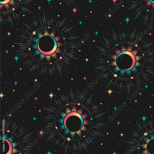 Seamless pattern with sun and moon. Contemporary  composition. Boho wall decor. Mid century art print. Trendy texture for print, textile, packaging.