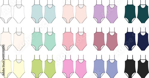 Swimsuit technical sketch set in diffirent color. Women swimming clothes collection.