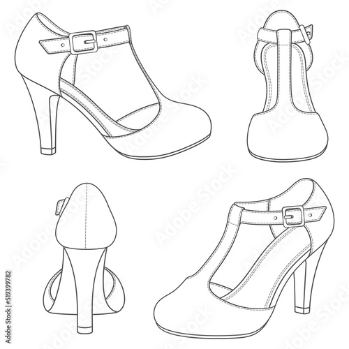 Set of images female shoes with clasp on the heel. Isolated vector objects on white background.