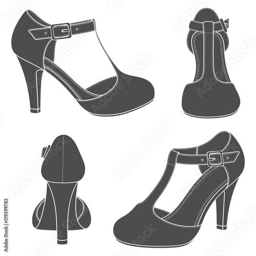 Set of images female shoes with clasp on the heel. Isolated vector objects on white background.