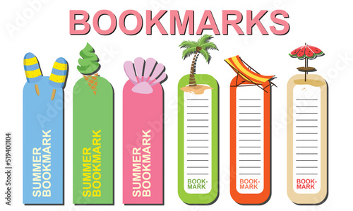 Vector set of bookmarks for children with summer theme. Cute ice creams, clam, coconut tree, beach chair and beach umbrella. Vertical layout card templates. Stationery for kids