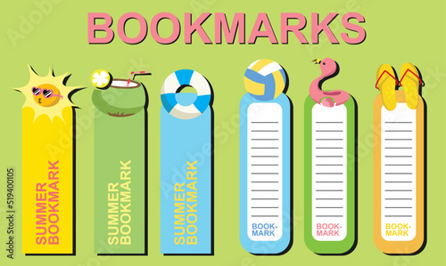 Vector set of bookmarks for children with summer theme. Cute sun, coconut, float, volley ball, sandal. Vertical layout card templates. Stationery for kids